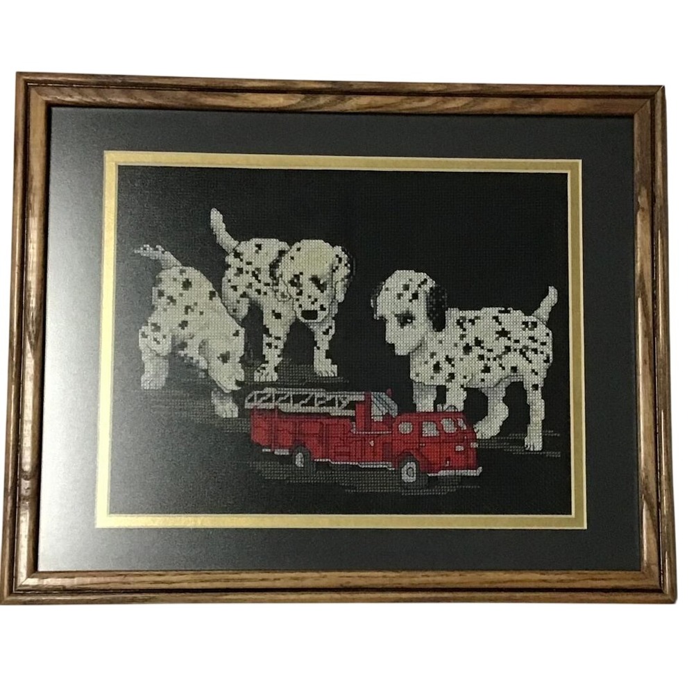 Vintage Dalmatian Puppies Fire Truck Framed Cross Stitch Wall Art Wood Frame